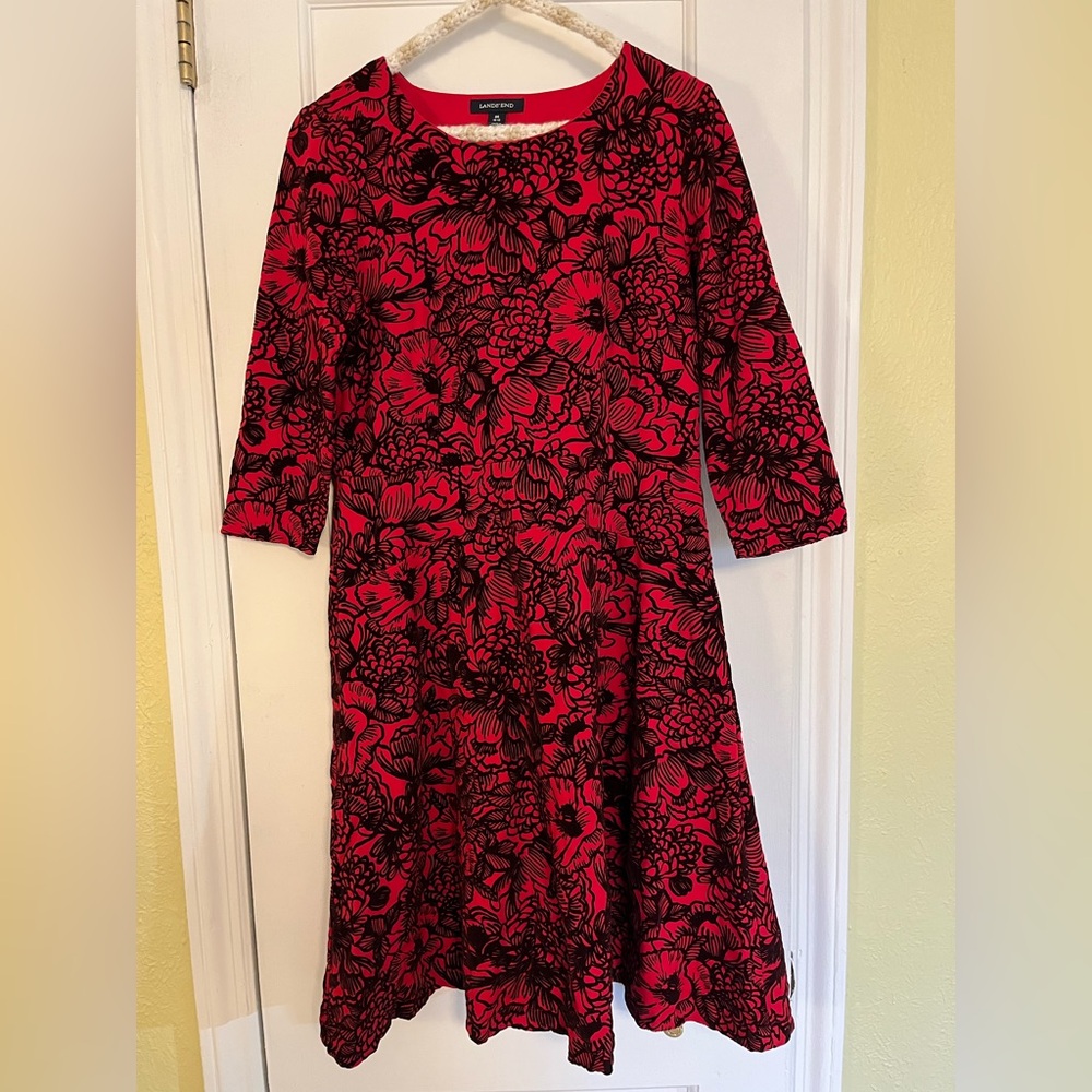 Lands' End Red and Black Velvet Floral Dress
